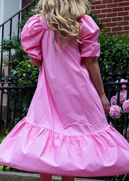 Square Neck Solid Color Puff Sleeve Ruffles Hem Casual Maxi Dress For Women Rose LC0033