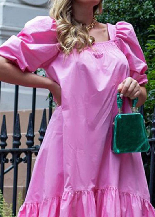 Square Neck Solid Color Puff Sleeve Ruffles Hem Casual Maxi Dress For Women Rose LC0033
