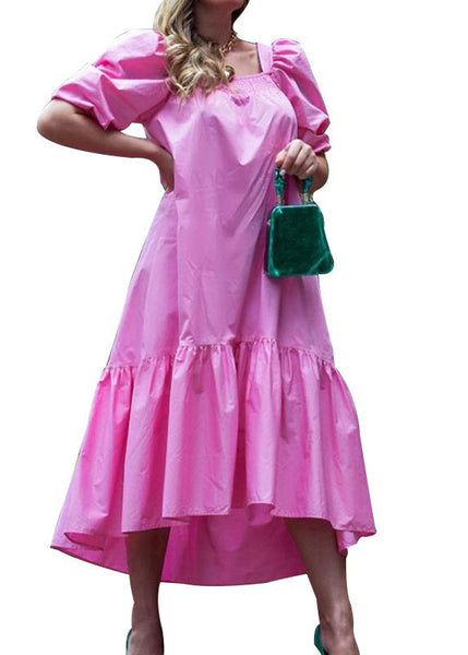 Square Neck Solid Color Puff Sleeve Ruffles Hem Casual Maxi Dress For Women Rose LC0033