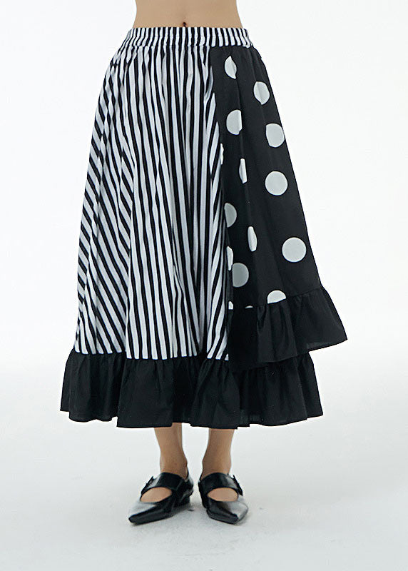 Striped Patchwork Cotton Skirt Ruffled Elastic Waist Summer LY1228