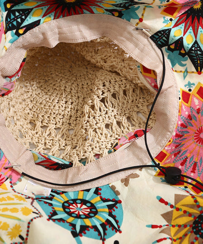 Style Beige Print Patchwork Bow Straw Woven Floppy Sun Hat LY530