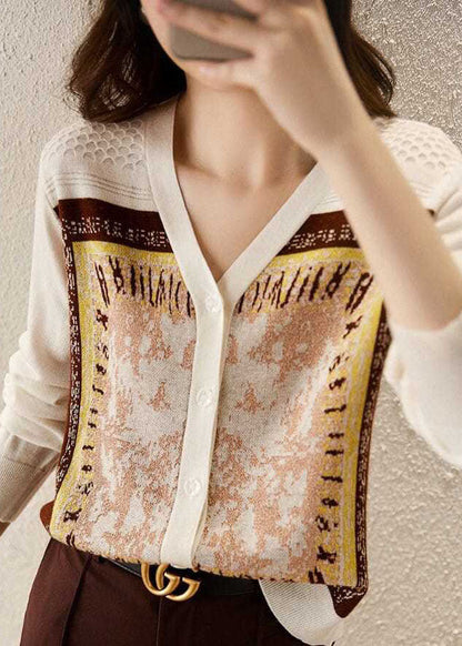 Style Beige V Neck Jacquard Knit Short Cardigans Long Sleeve LY0377