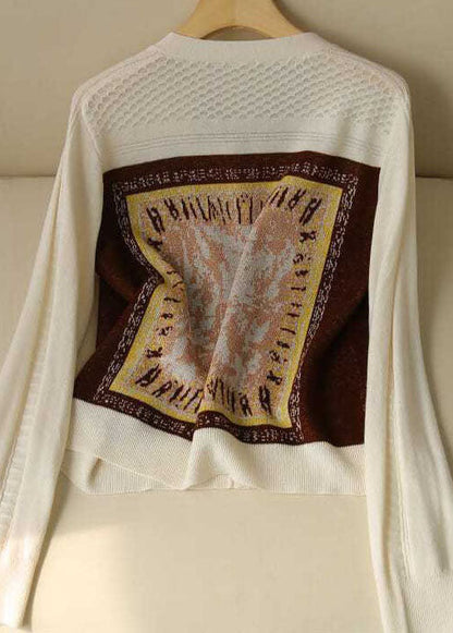 Style Beige V Neck Jacquard Knit Short Cardigans Long Sleeve LY0377