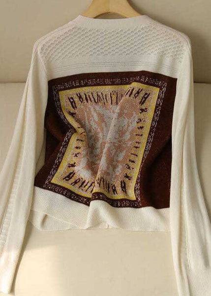 Style Beige V Neck Jacquard Knit Short Cardigans Long Sleeve LY0377