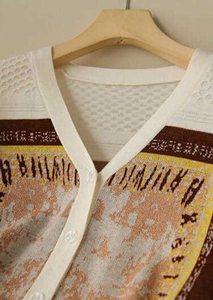 Style Beige V Neck Jacquard Knit Short Cardigans Long Sleeve LY0377