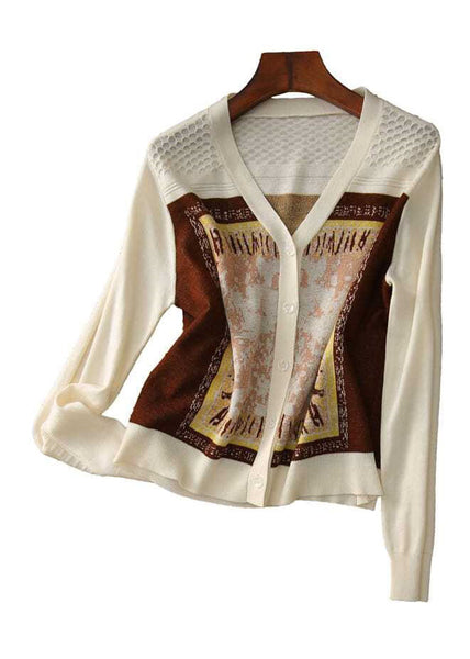 Style Beige V Neck Jacquard Knit Short Cardigans Long Sleeve LY0377