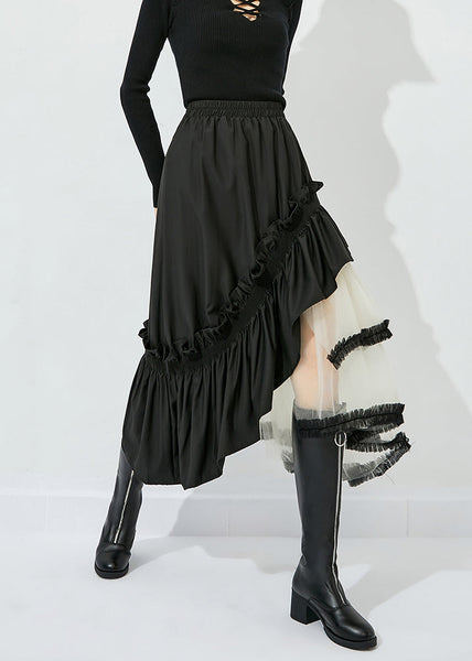 Jupe d'été asymétrique noire en tulle patchwork à volants et coton LY0821