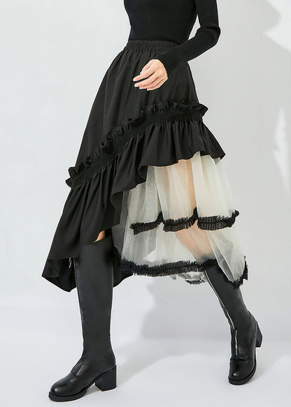 Style Black Asymmetrical Design Tulle Patchwork Ruffled Cotton Skirts Summer LY0821