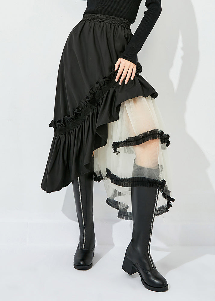 Style Black Asymmetrical Design Tulle Patchwork Ruffled Cotton Skirts Summer LY0821