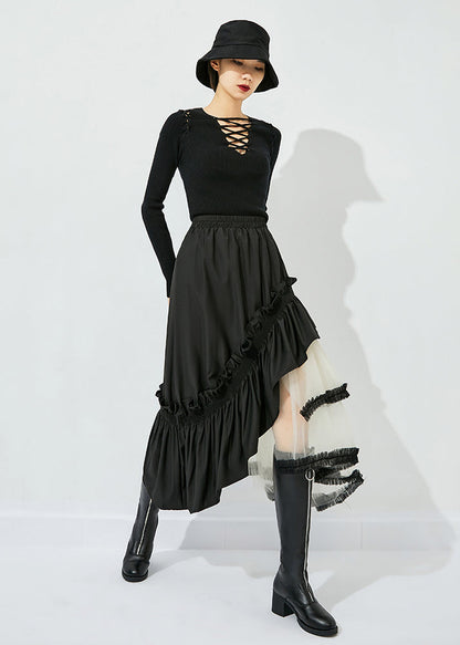 Style Black Asymmetrical Design Tulle Patchwork Ruffled Cotton Skirts Summer LY0821