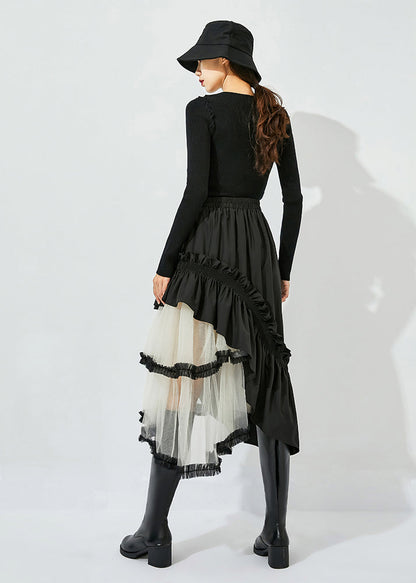 Style Black Asymmetrical Design Tulle Patchwork Ruffled Cotton Skirts Summer LY0821