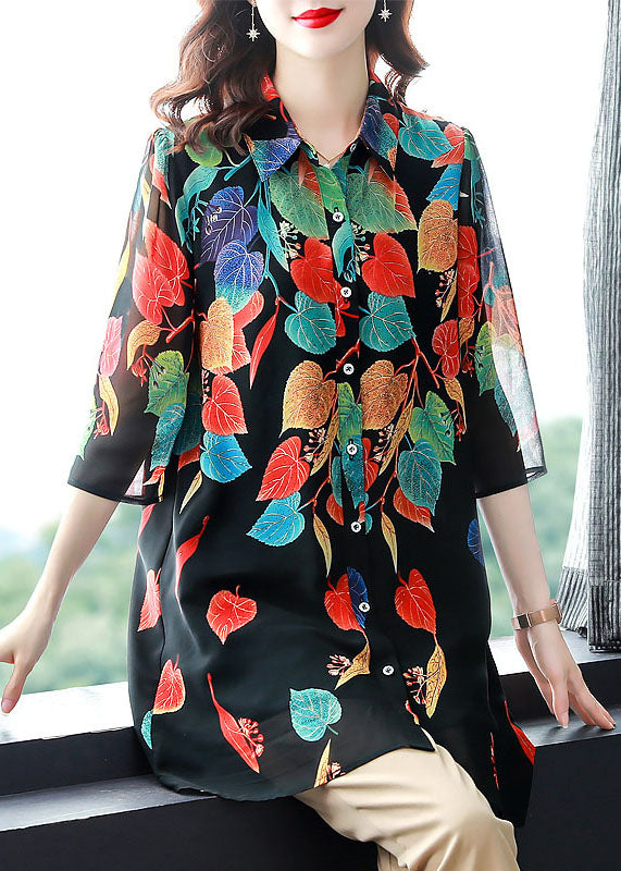 Style Black Button Print Patchwork Chiffon Shirt Tops Summer TF1002