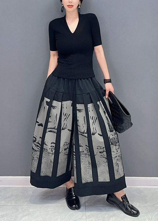 Style Black Elastic Waist Pockets Print Cotton Wide Leg Pants Spring LY0568