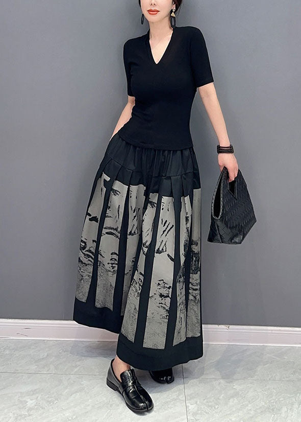 Style Black Elastic Waist Pockets Print Cotton Wide Leg Pants Spring LY0568