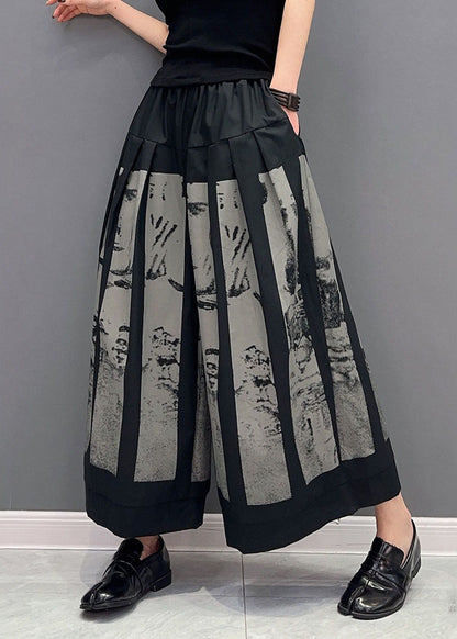 Style Black Elastic Waist Pockets Print Cotton Wide Leg Pants Spring LY0568