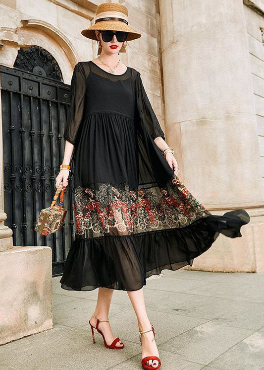 Style Black O Neck Embroideried Patchwork Silk Dress Bracelet Sleeve LC0246