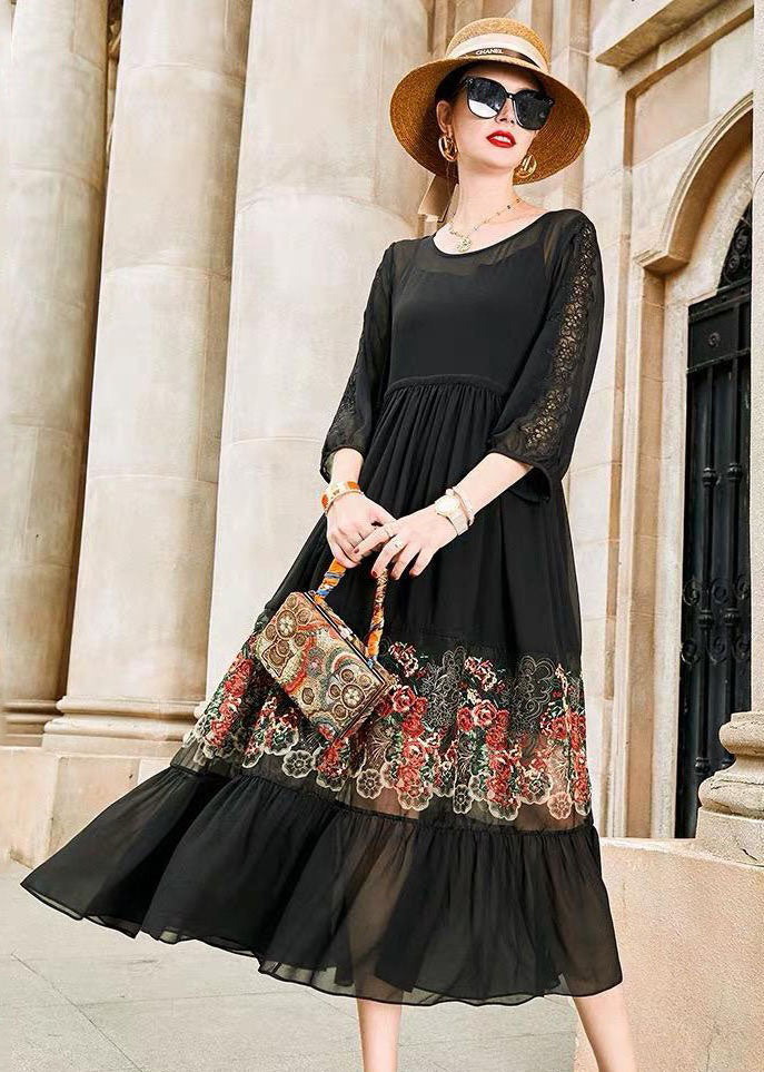 Style Black O Neck Embroideried Patchwork Silk Dress Bracelet Sleeve LC0246