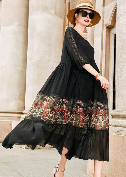 Style Black O Neck Embroideried Patchwork Silk Dress Bracelet Sleeve LC0246