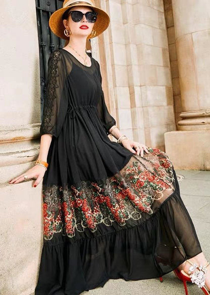 Style Black O Neck Embroideried Patchwork Silk Dress Bracelet Sleeve LC0246