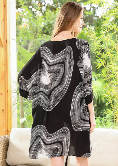 Style Black O-Neck Oversized Print Chiffon Robe Dresses Batwing Sleeve LY0341