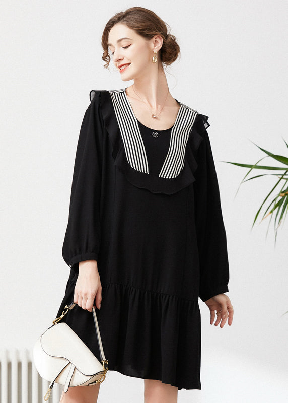 Style Black O-Neck Patchwork Ruffles Chiffon Party Dress Spring LY0292