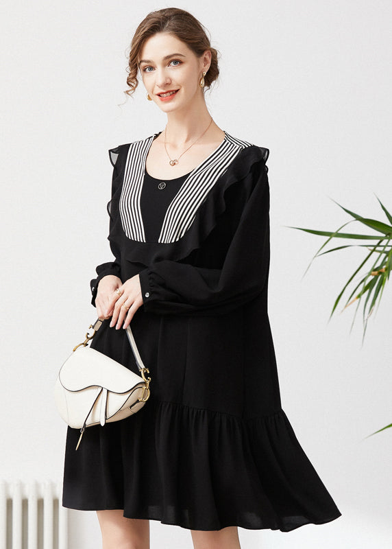 Style Black O-Neck Patchwork Ruffles Chiffon Party Dress Spring LY0292