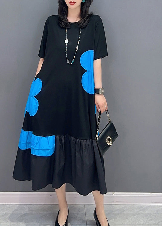 Style Black Patchwork Blue O-Neck Print Vacation Long Dresses Summer LC0312