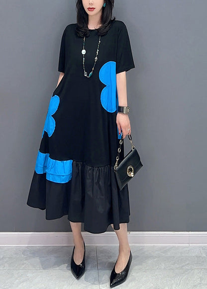 Style Black Patchwork Blue O-Neck Print Vacation Long Dresses Summer LC0312