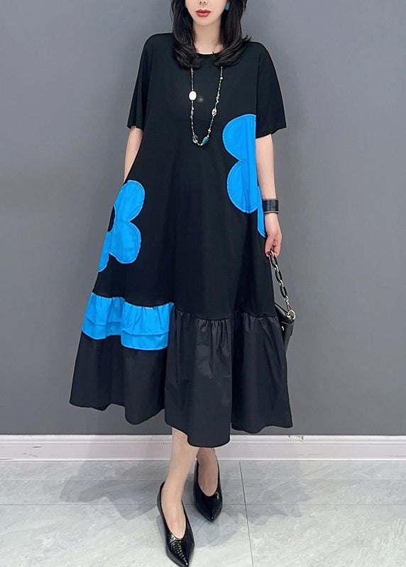 Style Black Patchwork Blue O-Neck Print Vacation Long Dresses Summer LC0312