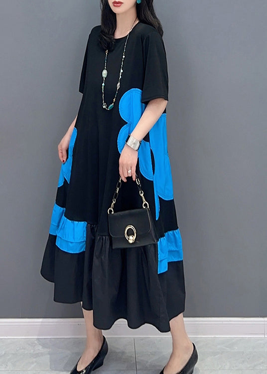 Style Black Patchwork Blue O-Neck Print Vacation Long Dresses Summer LC0312