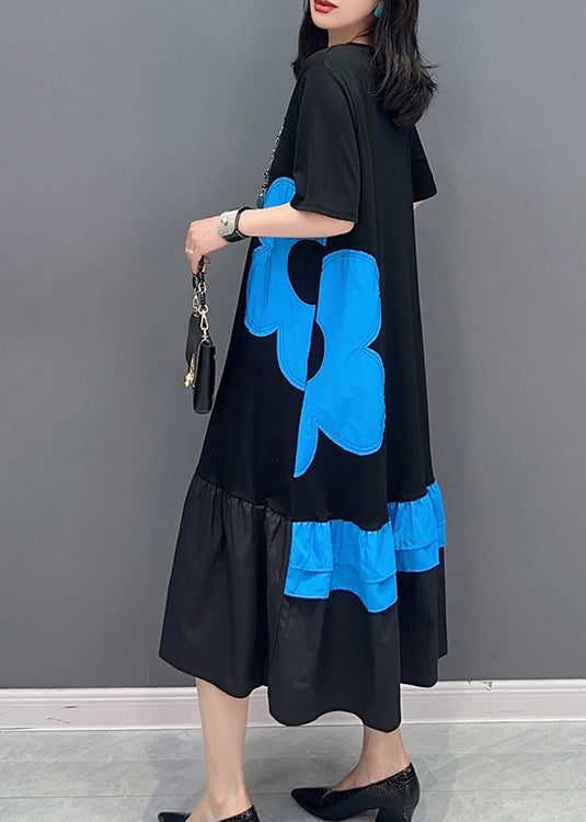 Style Black Patchwork Blue O-Neck Print Vacation Long Dresses Summer LC0312