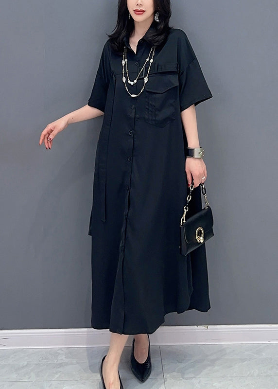 Style Black Peter Pan Collar Button Solid Maxi Shirts Dress Summer LC0302