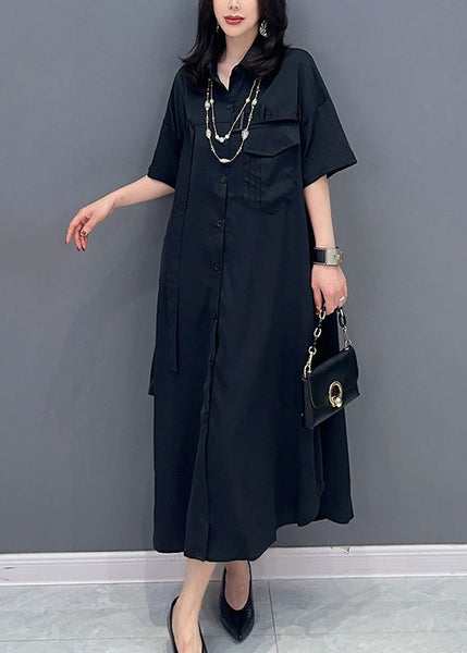 Style Black Peter Pan Collar Button Solid Maxi Shirts Dress Summer LC0302