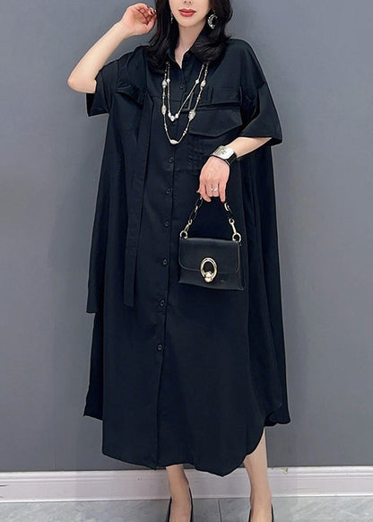 Style Black Peter Pan Collar Button Solid Maxi Shirts Dress Summer LC0302