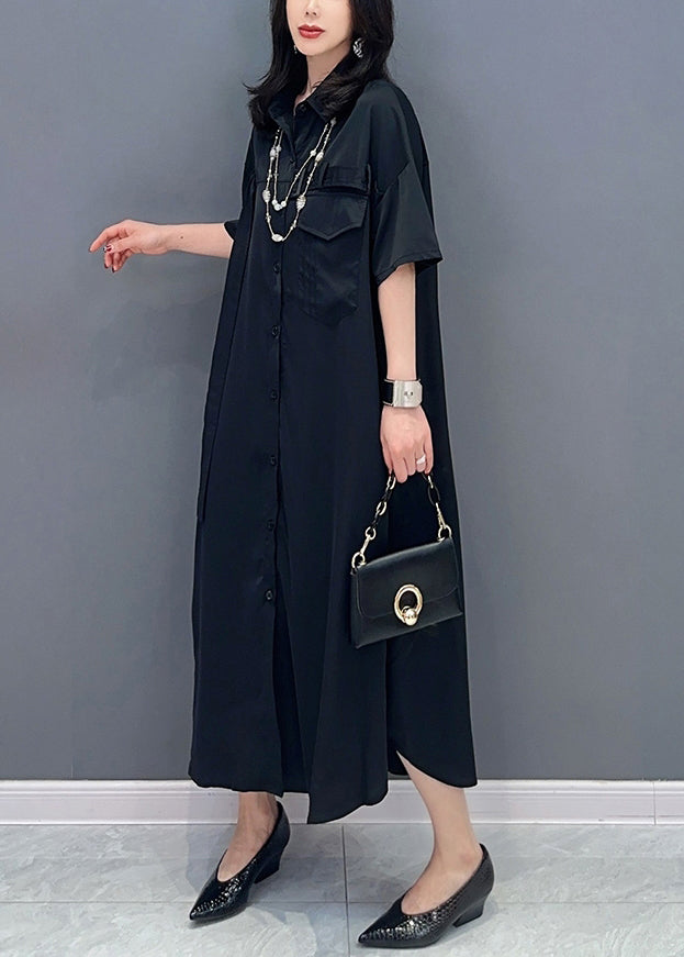 Style Black Peter Pan Collar Button Solid Maxi Shirts Dress Summer LC0302