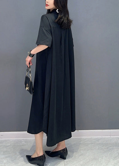 Style Black Peter Pan Collar Button Solid Maxi Shirts Dress Summer LC0302