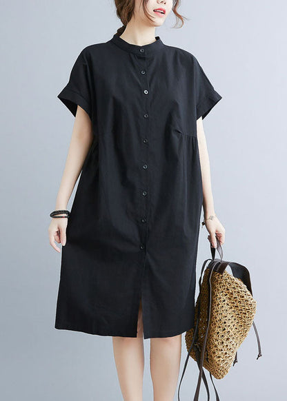 Style Black Stand Collar Wrinkled Cotton Shirt Dress Summer AC2045