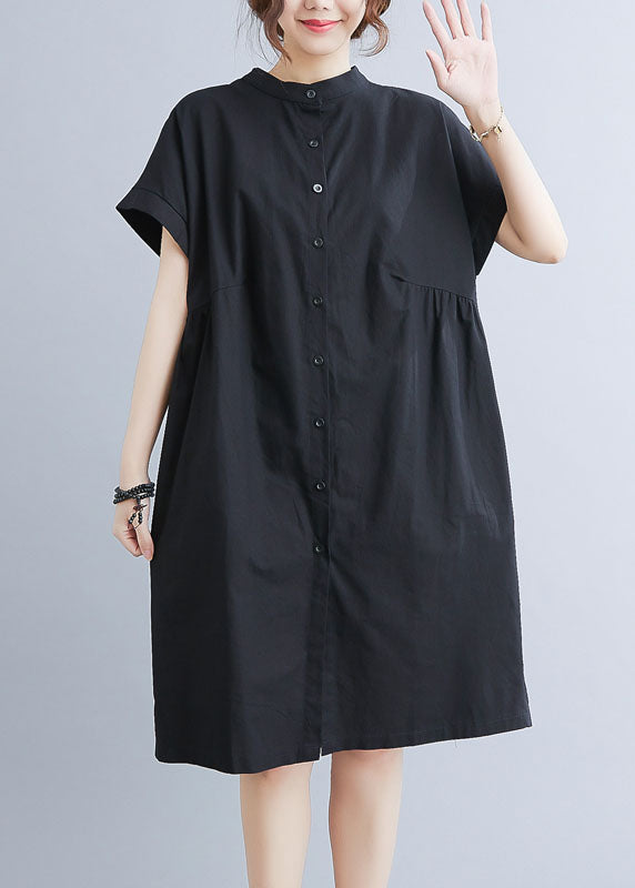 Style Black Stand Collar Wrinkled Cotton Shirt Dress Summer AC2045