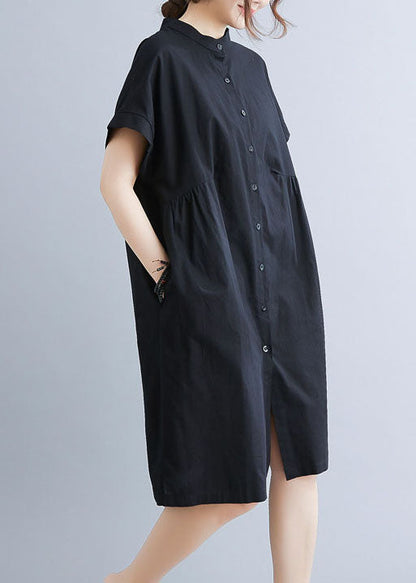 Style Black Stand Collar Wrinkled Cotton Shirt Dress Summer AC2045