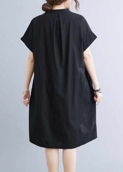 Style Black Stand Collar Wrinkled Cotton Shirt Dress Summer AC2045