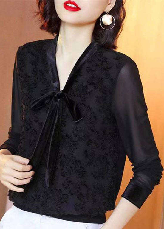 Style Black V Neck Lace Bow Patchwork Chiffon Shirt Tops Long Sleeve TP1004