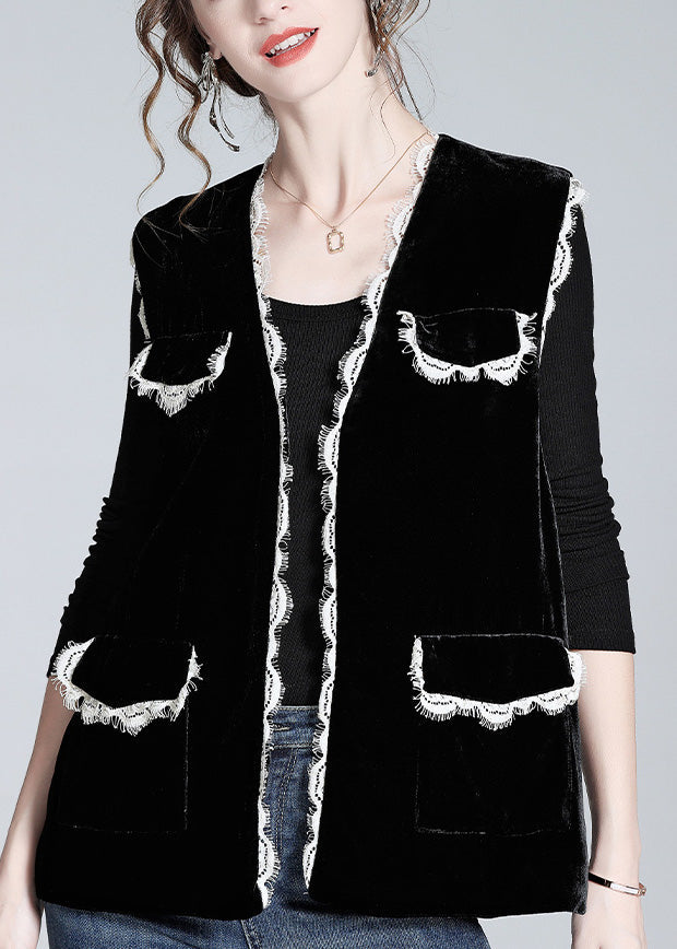 Style Black V Neck Lace Patchwork Silk Velour Waistcoat Spring LY0978