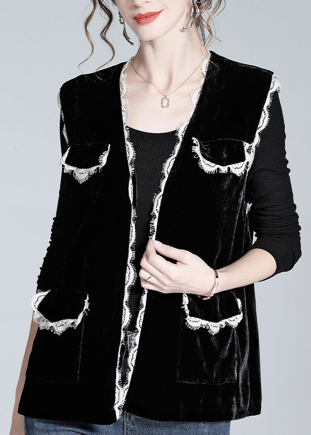 Style Black V Neck Lace Patchwork Silk Velour Waistcoat Spring LY0978