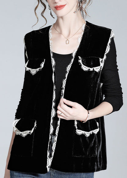 Style Black V Neck Lace Patchwork Silk Velour Waistcoat Spring LY0978