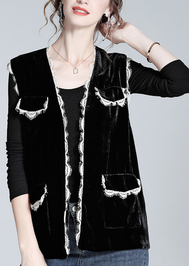 Style Black V Neck Lace Patchwork Silk Velour Waistcoat Spring LY0978