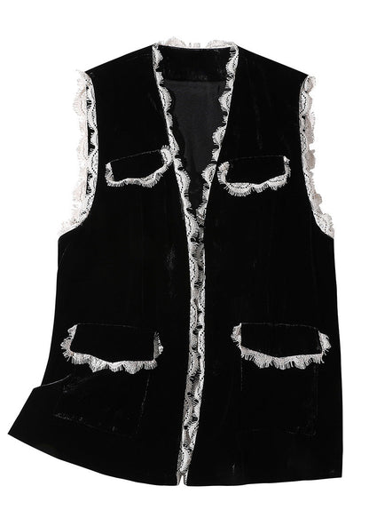 Style Black V Neck Lace Patchwork Silk Velour Waistcoat Spring LY0978