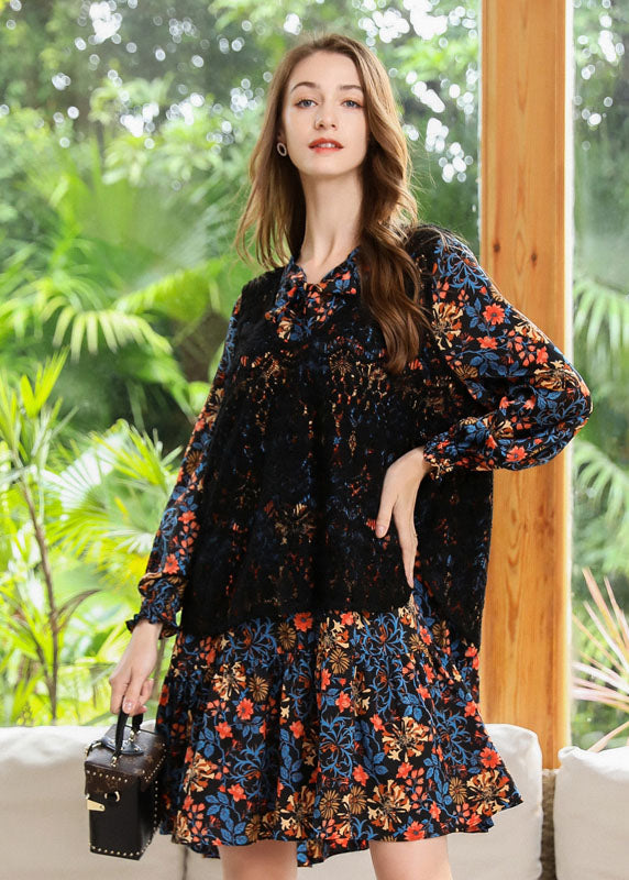 Style Black V Neck Print Chiffon Shirt Dress And Vest Two Piece Set Spring LY0250