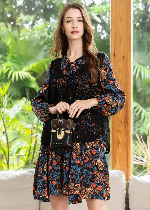 Style Black V Neck Print Chiffon Shirt Dress And Vest Two Piece Set Spring LY0250