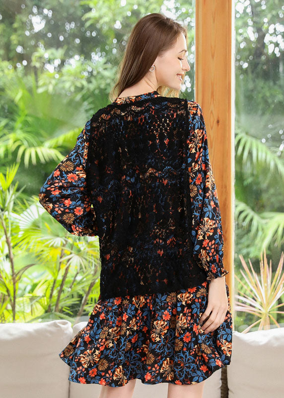 Style Black V Neck Print Chiffon Shirt Dress And Vest Two Piece Set Spring LY0250