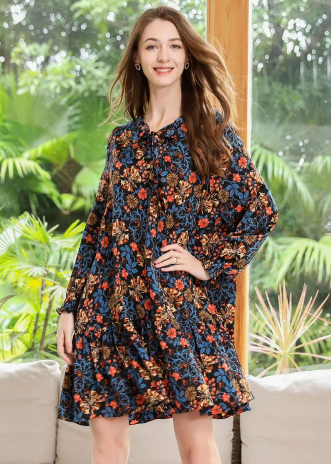 Style Black V Neck Print Chiffon Shirt Dress And Vest Two Piece Set Spring LY0250